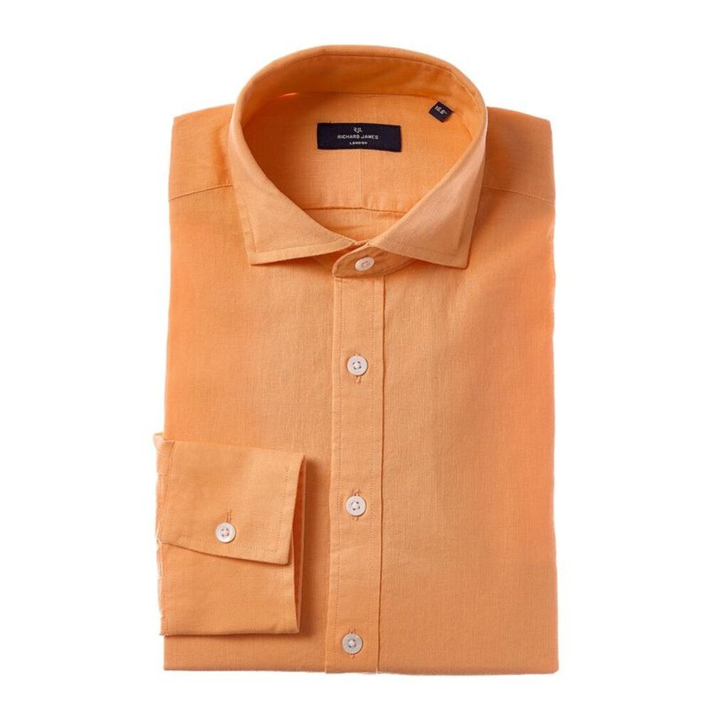 Richard James Mens Regular Collar Single Cuff Linen-Blend Dress Shirt, Orange